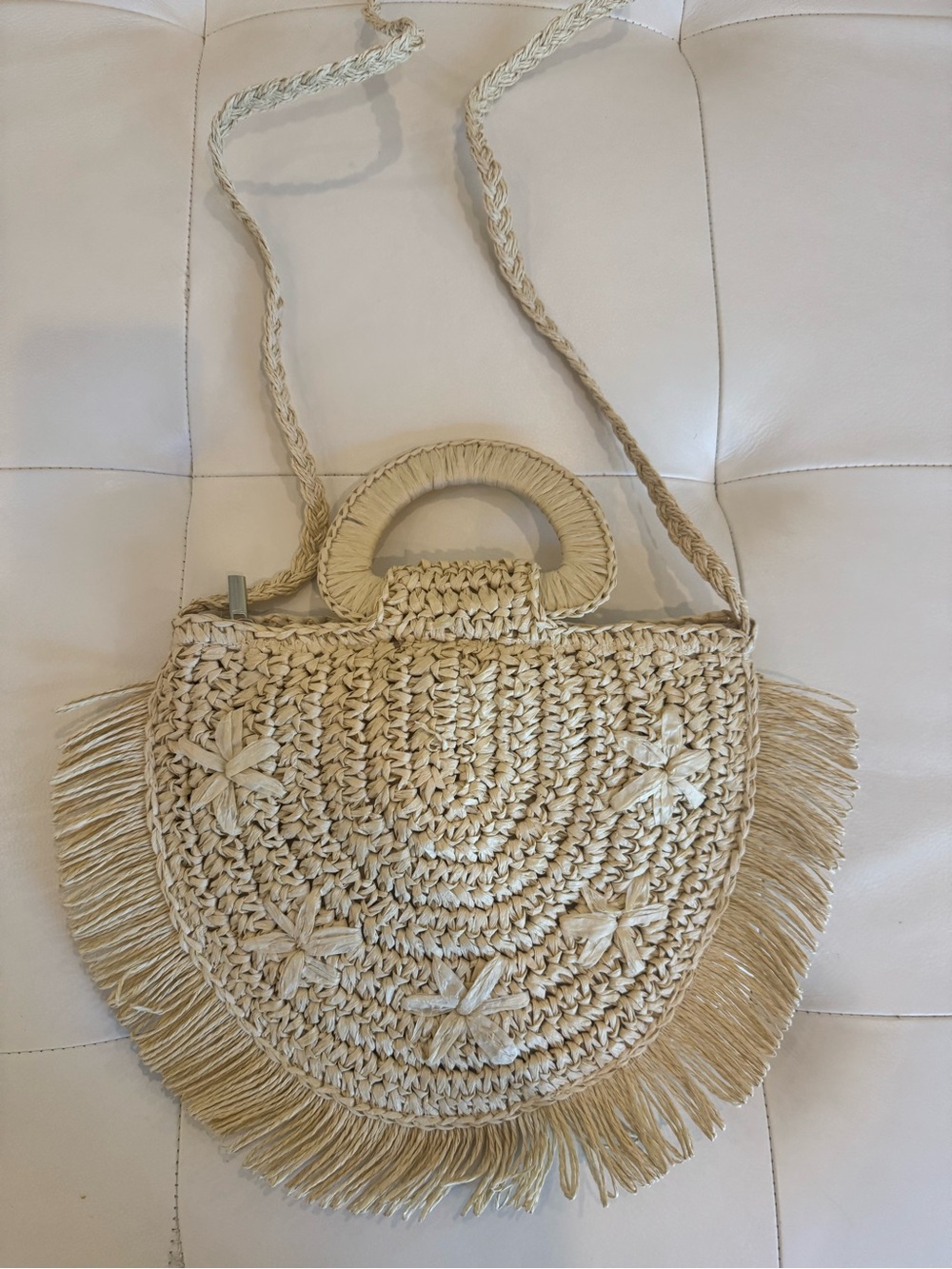 Woven Fringe Straw Crossbody Bag - Cream